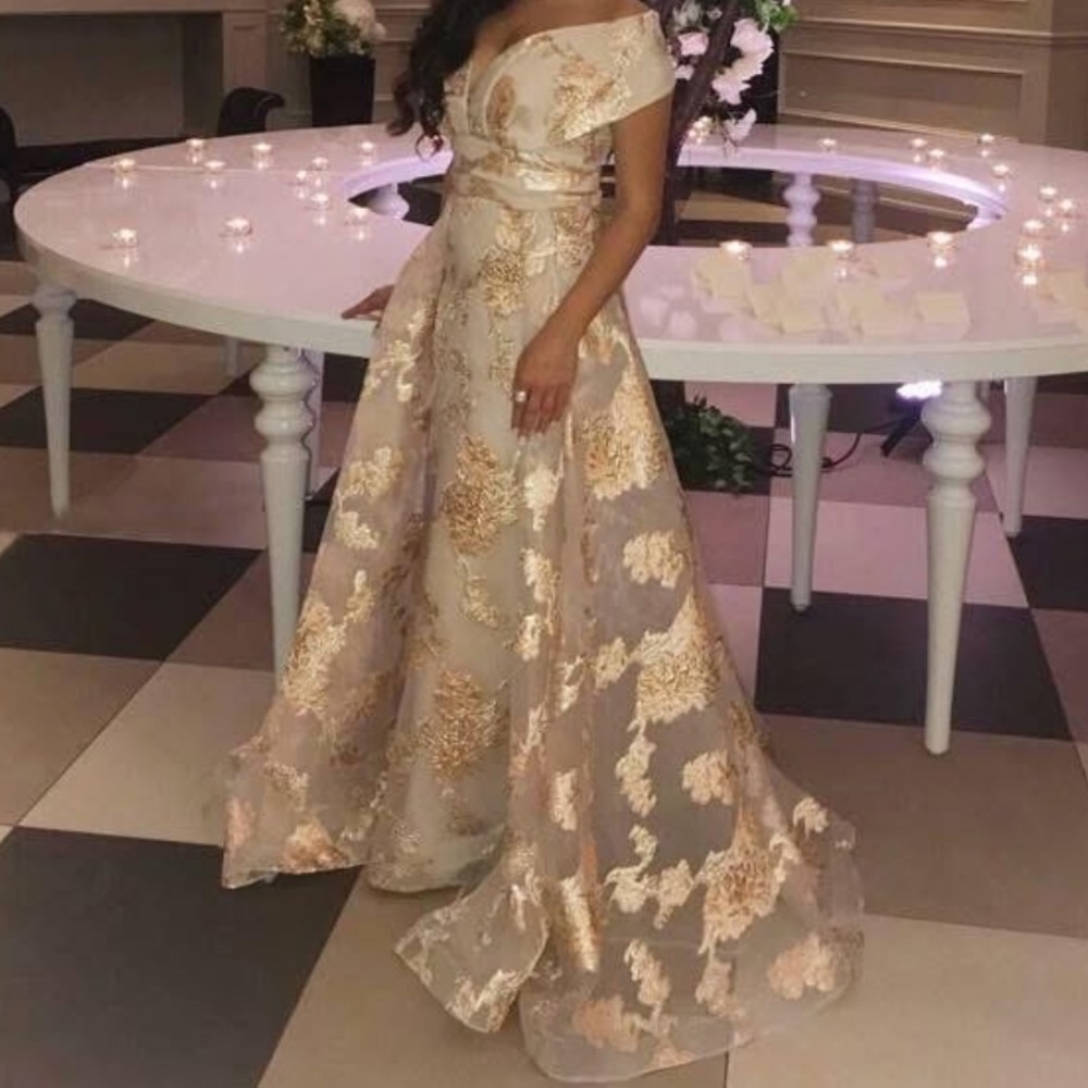 Tarik Ediz Gold and Cream Maxi Dress
